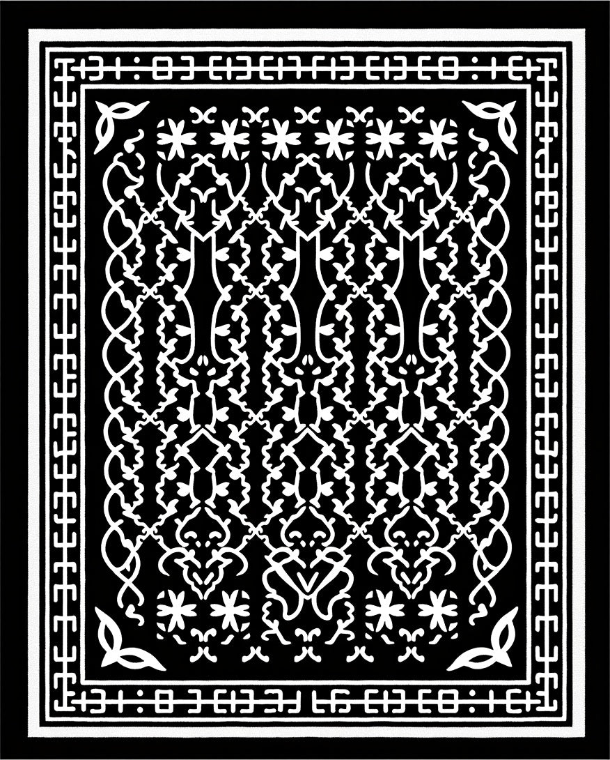 Black White Ornate Scrollwork Medallion Rug