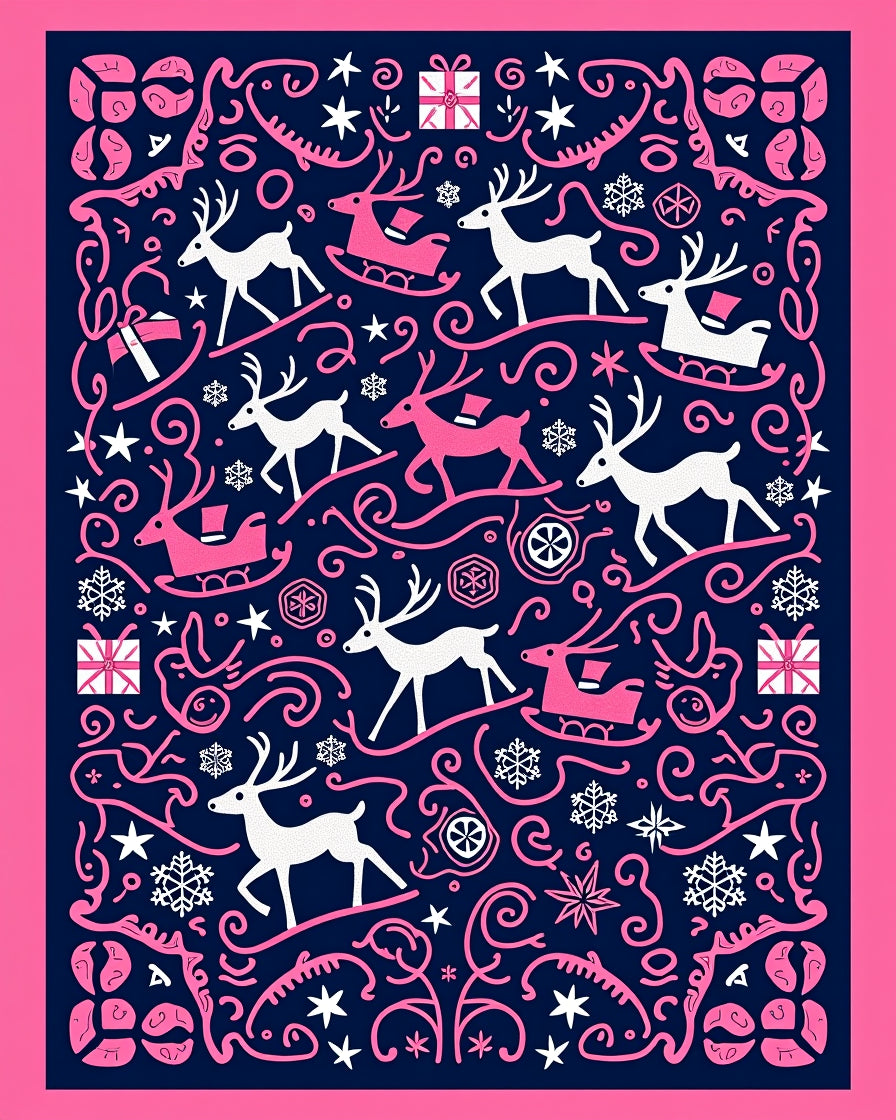 Pink White Deer Sleigh Gift SnowflakesRug Rug