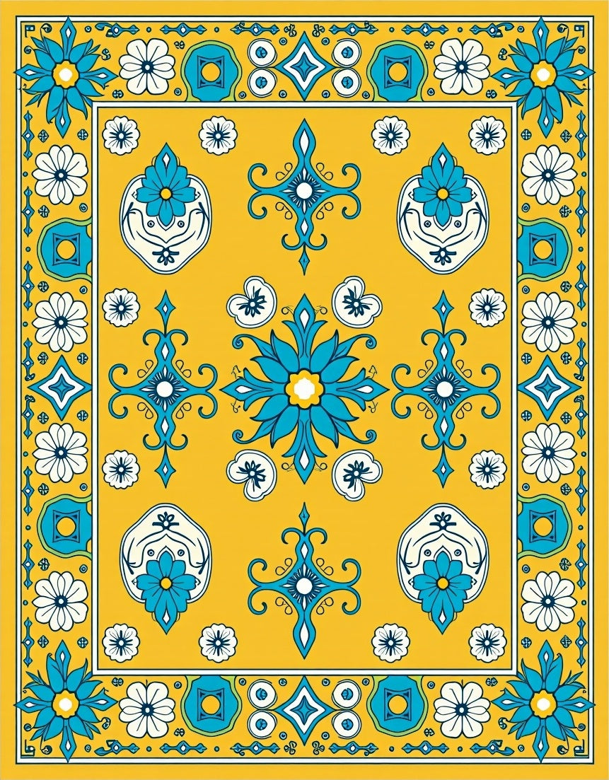 Vibrant Yellow Blue Floral Medallion Rug