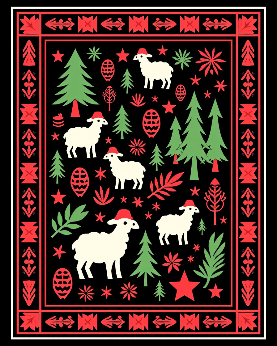 Festive Red Green Sheep Christmas Border Rug