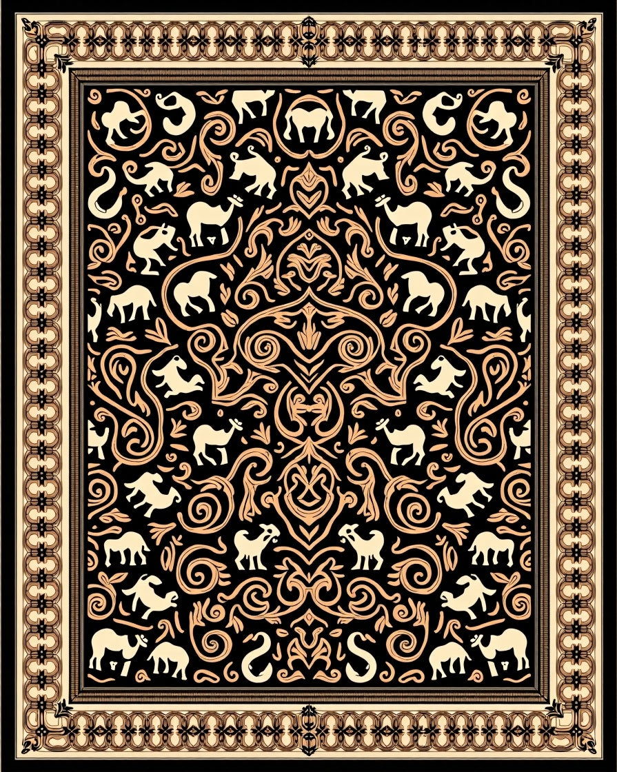 Black Camel Floral Scrollwork Rug
