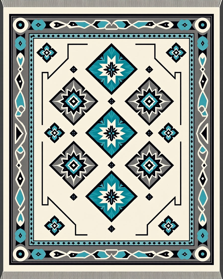 Teal Black Gray Diamond Medallion Rug