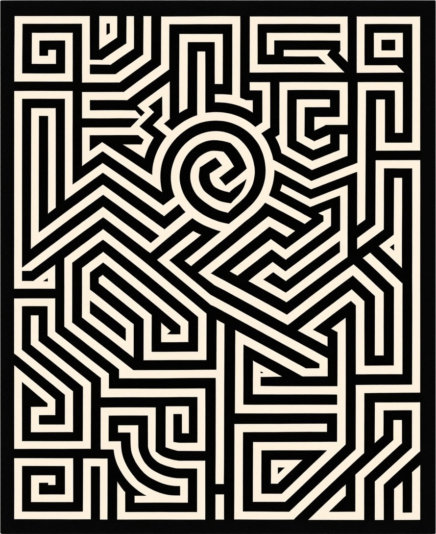 Black Cream Geometric Maze Op Art Rug