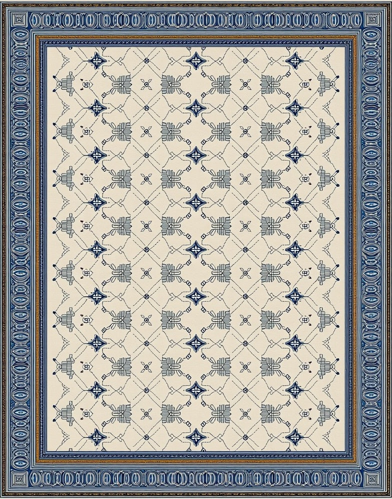 Ornate Blue and Cream Lattice Rug