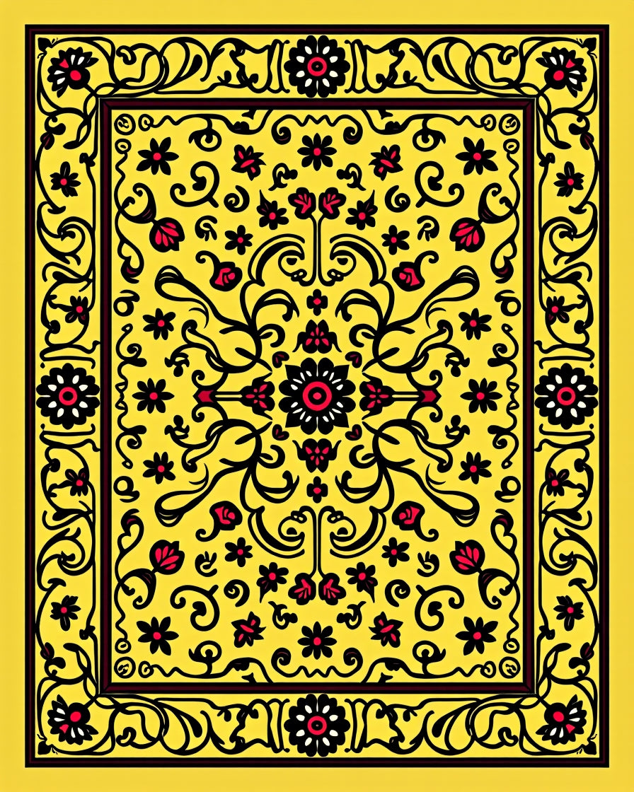 Bright Yellow Red Flower Scroll Rug