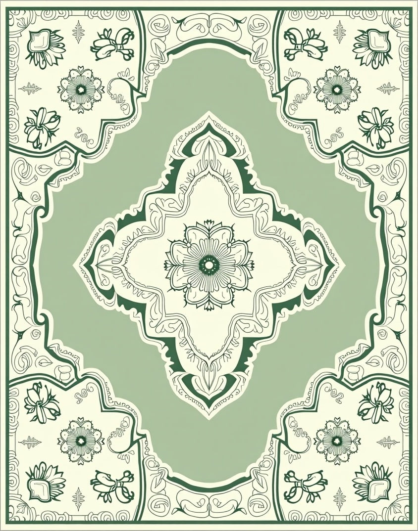 Sage Green Floral Medallion Border Rug