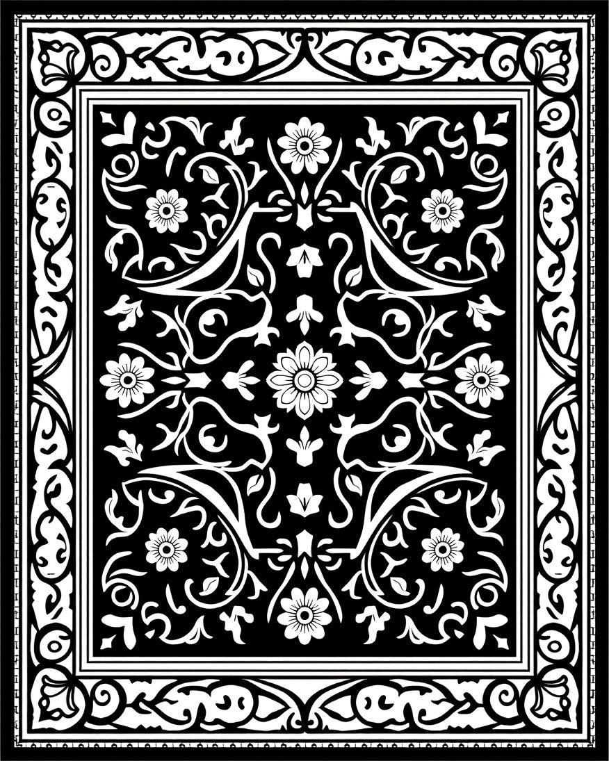 Black White Floral Scrollwork Border Rug