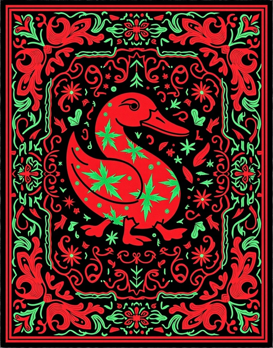 Vibrant Red Duck Floral Border Rug