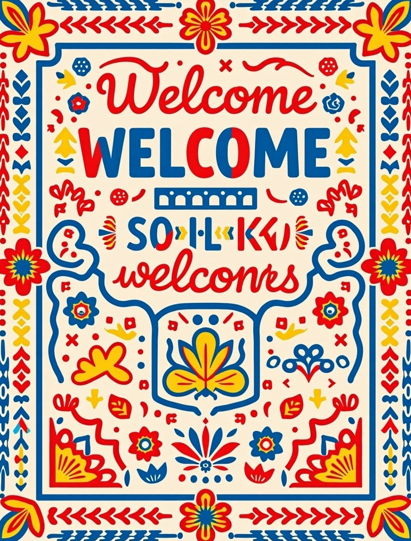 Bold Folk Art Floral Welcome Rug