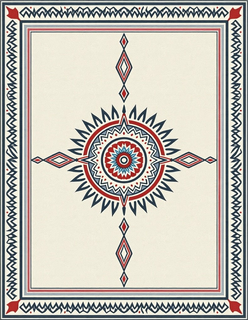 Crimson Blue Sunburst Diamond Border Rug