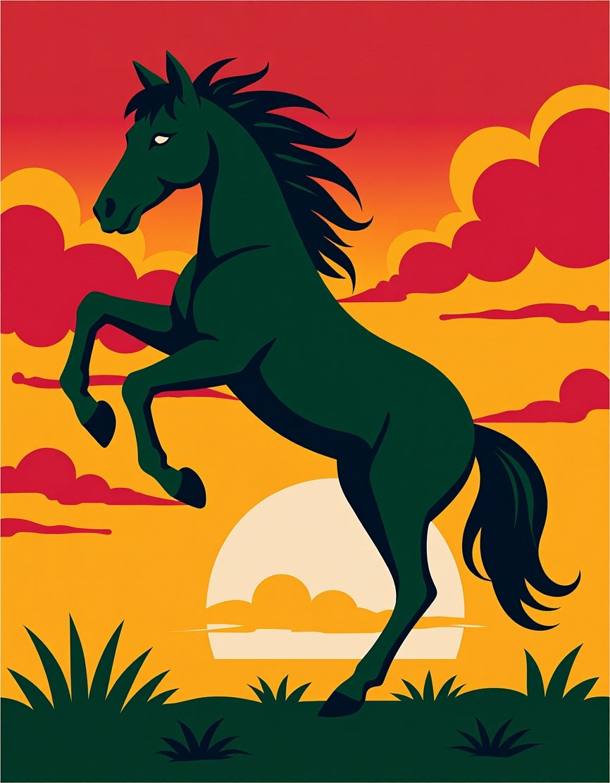 Dark Horse Rearing Sunset Sky Rug