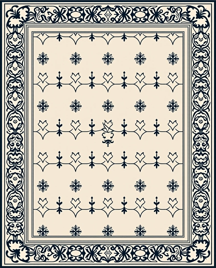 Cream Navy Floral Bordered Medallion Rug