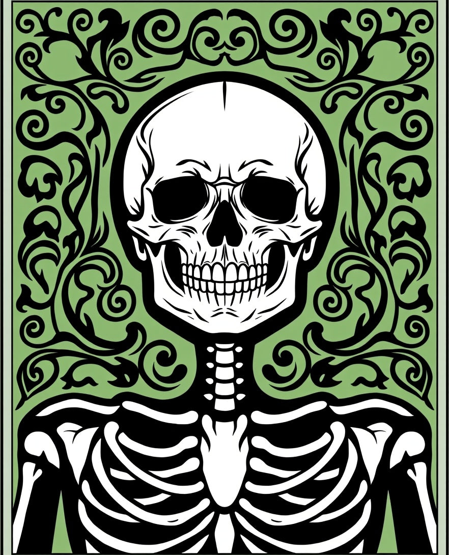 Eerie Black Skeleton Green Floral Scroll Rug