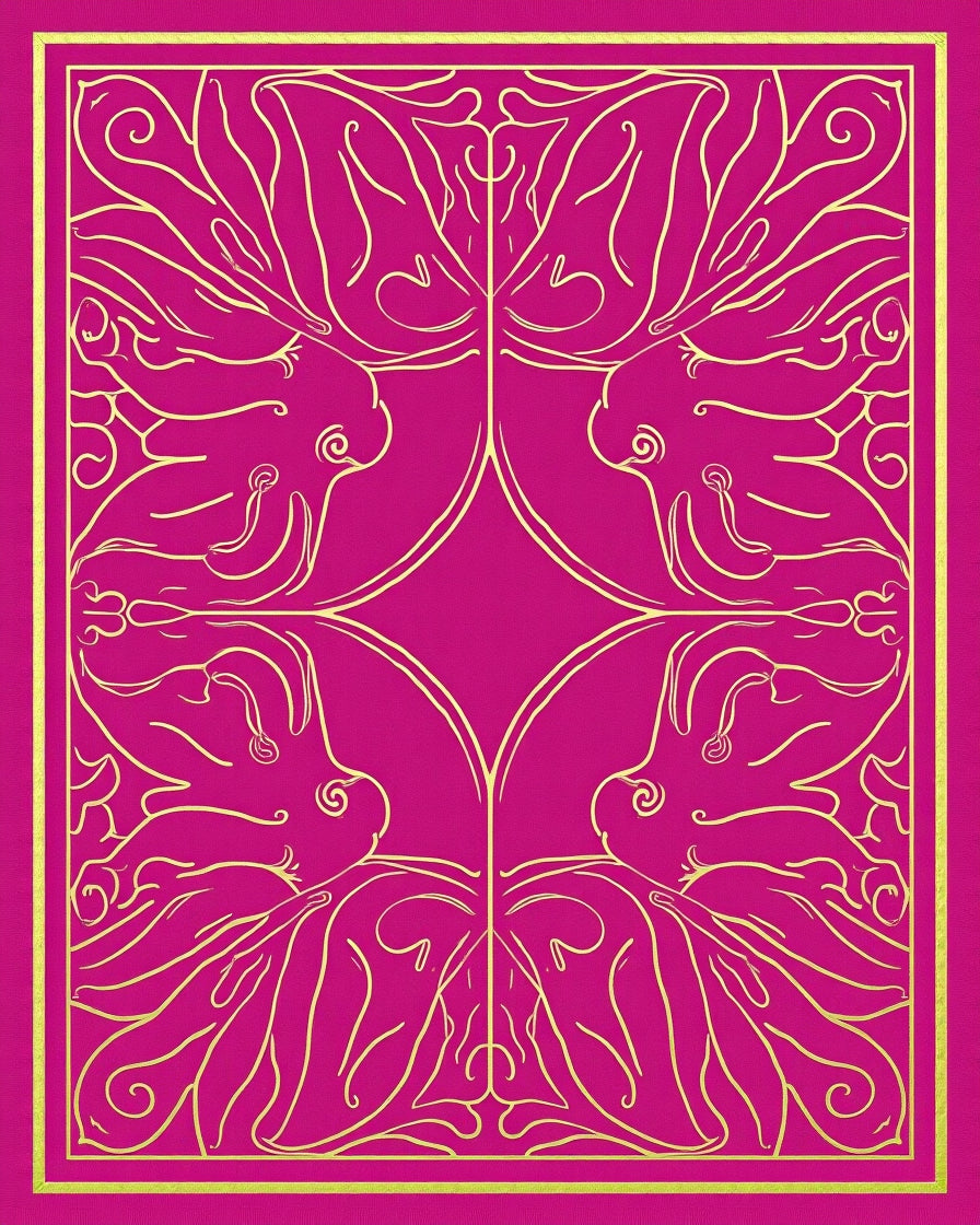 Vibrant Magenta Golden Abstract Figural Rug