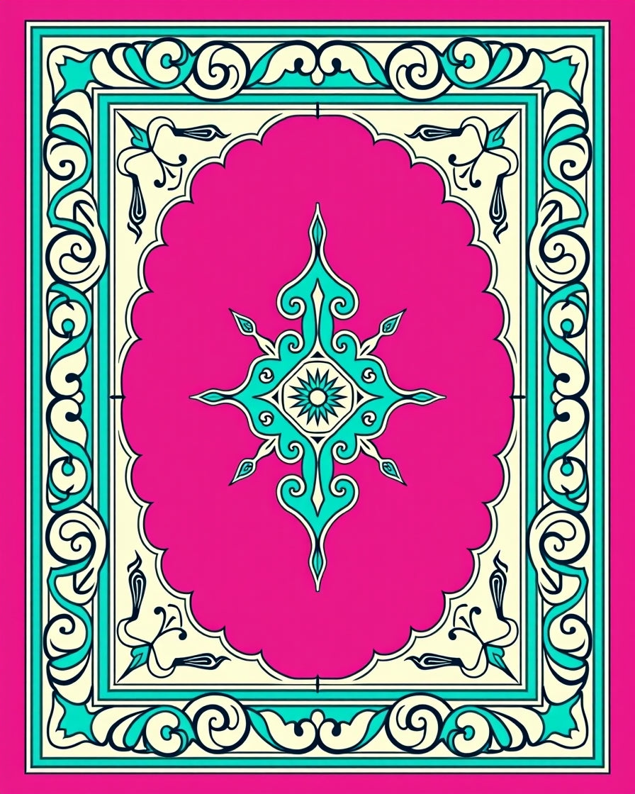 Vibrant Pink Turquoise Scrollwork Medallion Rug