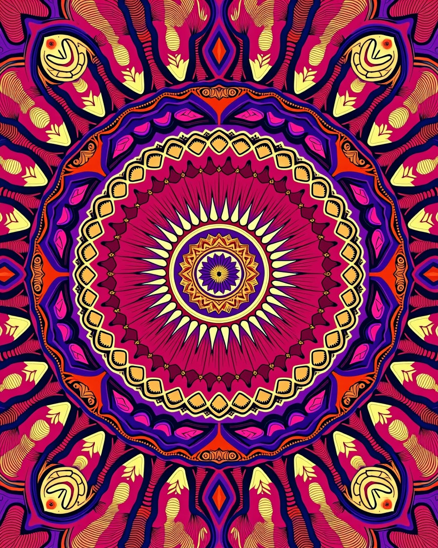 Vibrant Magenta Sunburst Mandala Art Rug