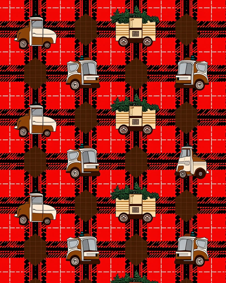 Red Plaid Truck Tree Repeat Rug