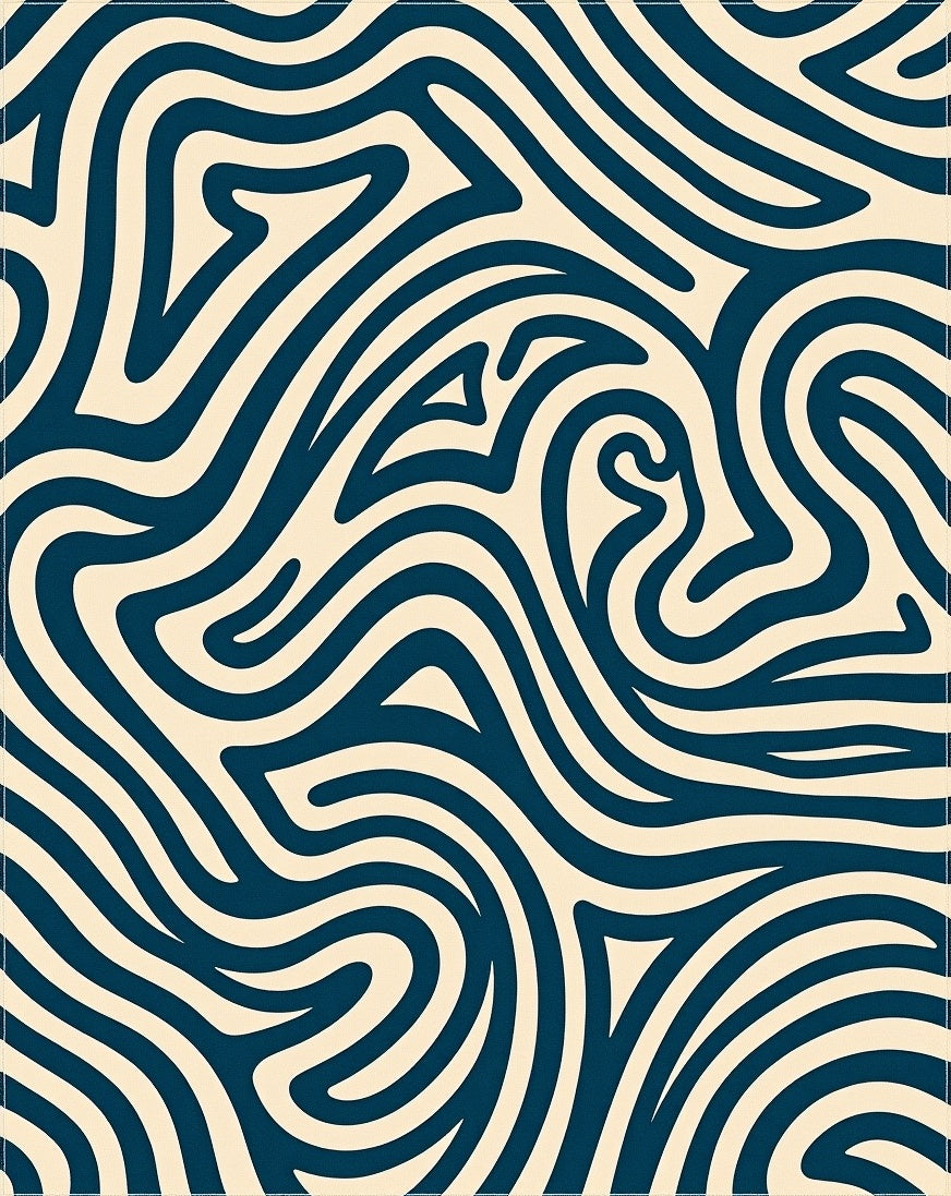 Deep Blue Abstract Swirl Cream Rug