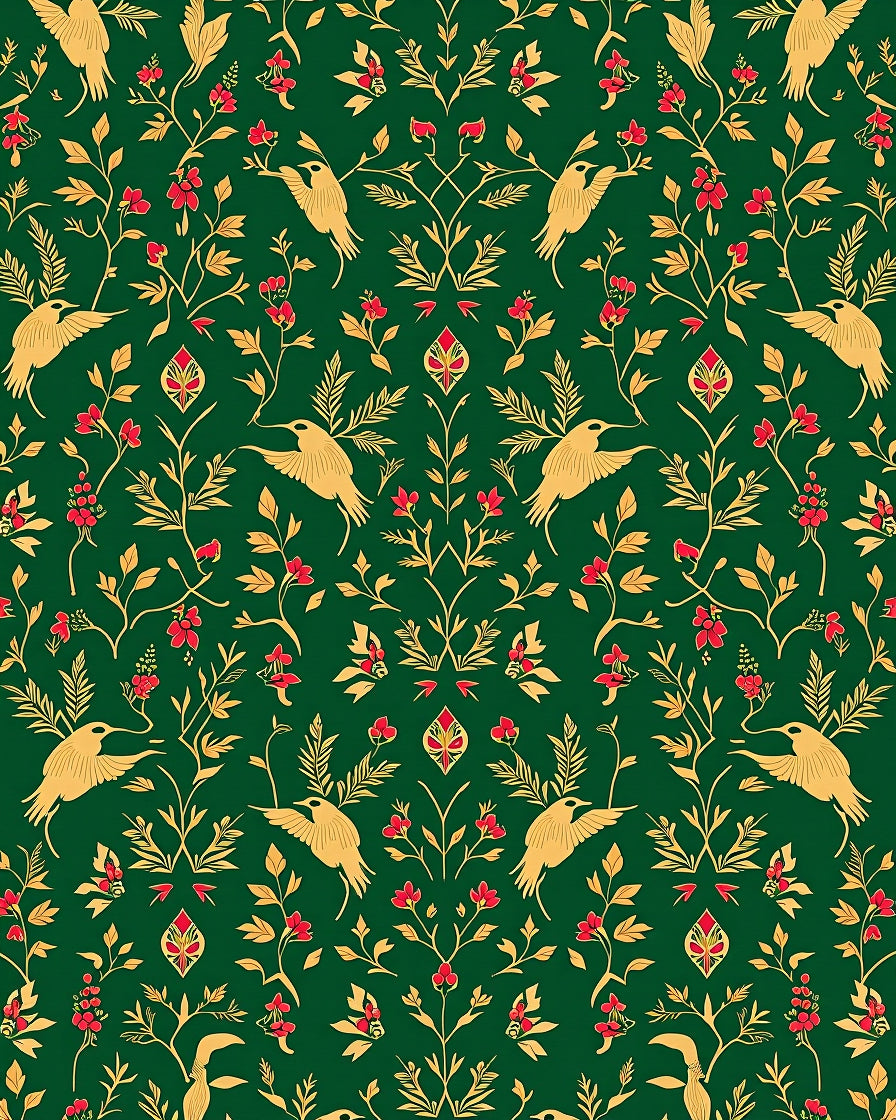 Golden Birds Emerald Floral Garland Rug