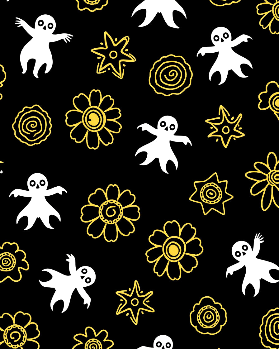 Whimsical Black White Yellow Ghost Flowers Rug