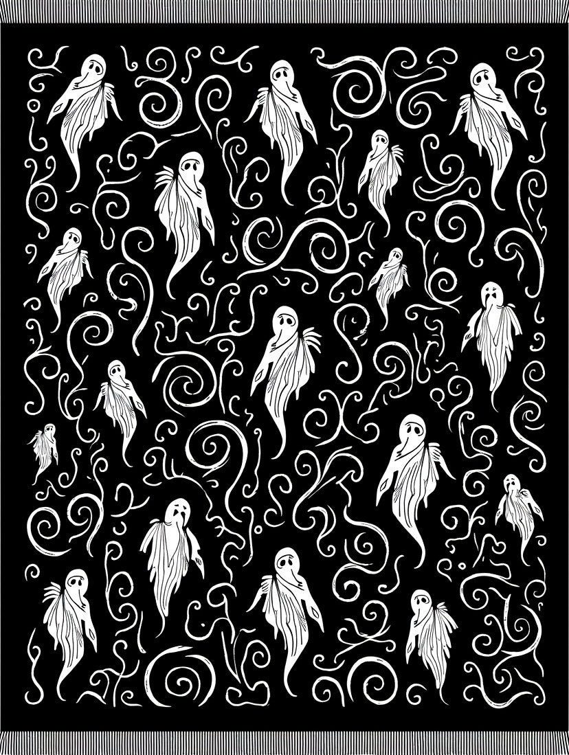 Eerie White Ghost Swirl Blackground Rug