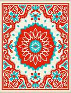 Red Teal Floral Medallion Border Rug