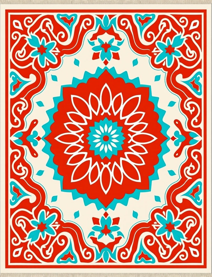 Red Teal Floral Medallion Border Rug
