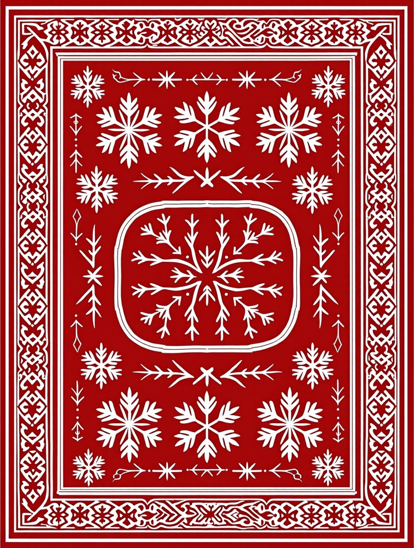Crimson Snowflake Folk Art Border Rug