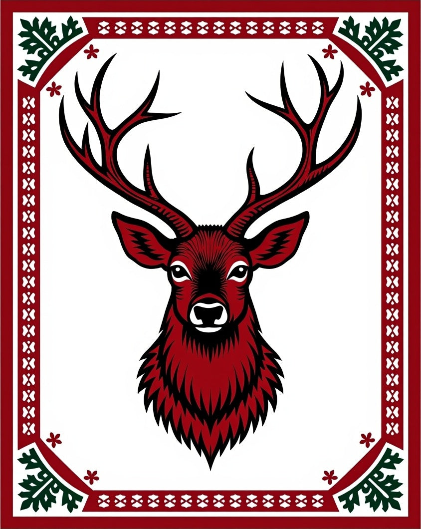 Crimson Deer Head Festive Border Rug