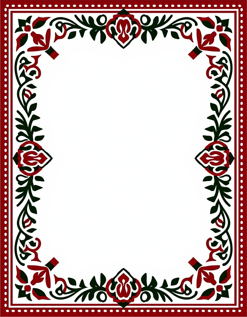 Crimson Dark Green Floral Vine Border Rug