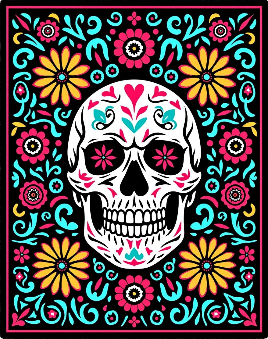 Vibrant Skull Floral Swirl Rug