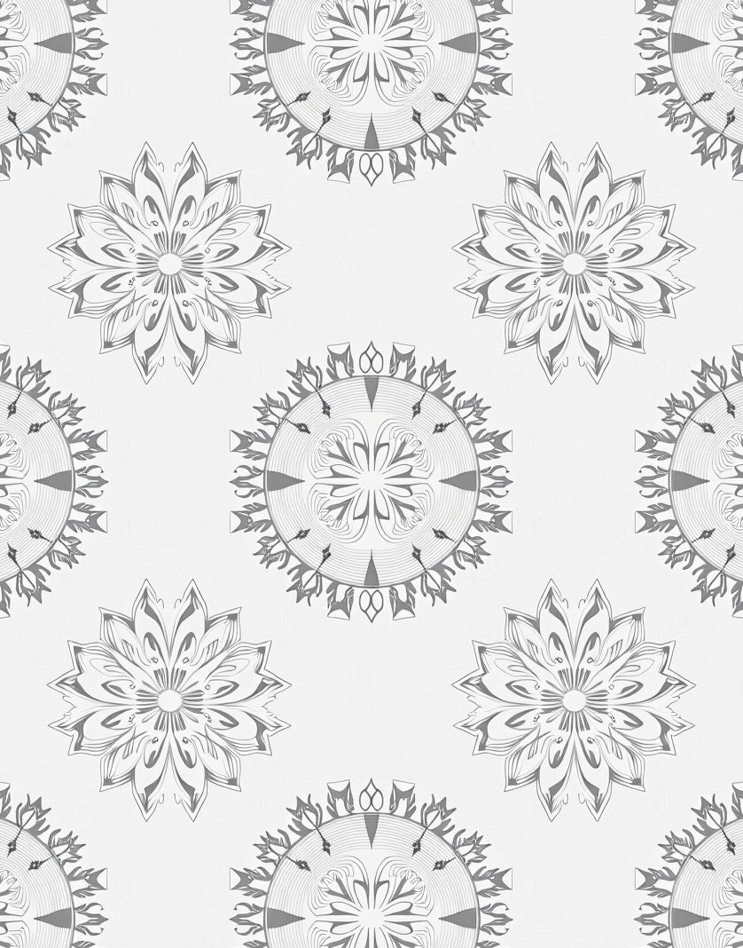 Silver Floral Mandala Medallion Repeating Rug