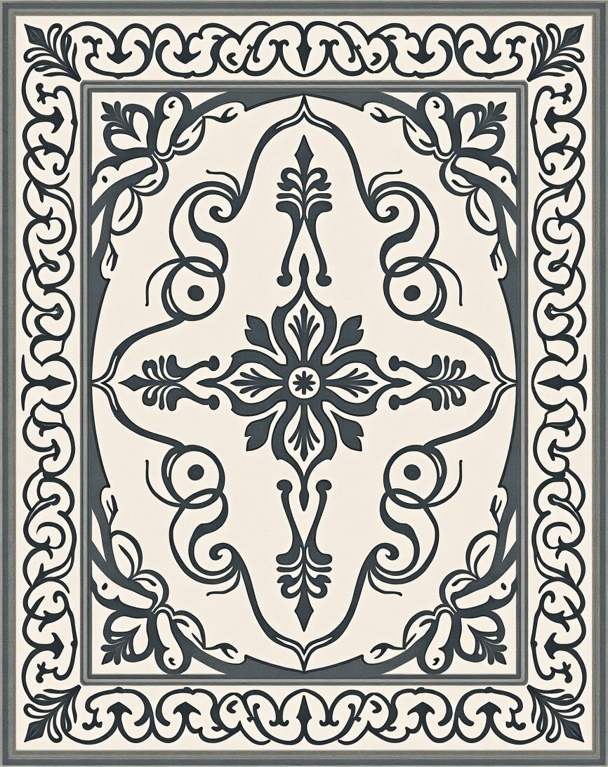 Cream Charcoal Damask Floral Medallion Rug