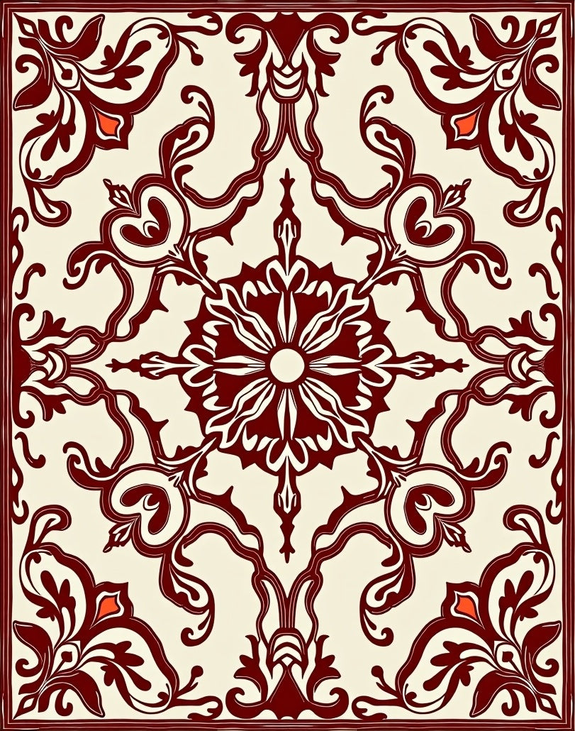 Deep Red Vine Scroll Ivory Rug