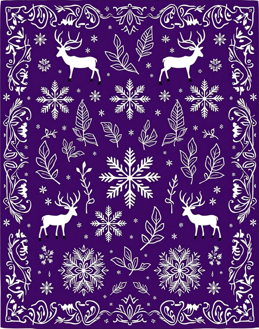 Winter Deer Snowflake Floral Border Rug