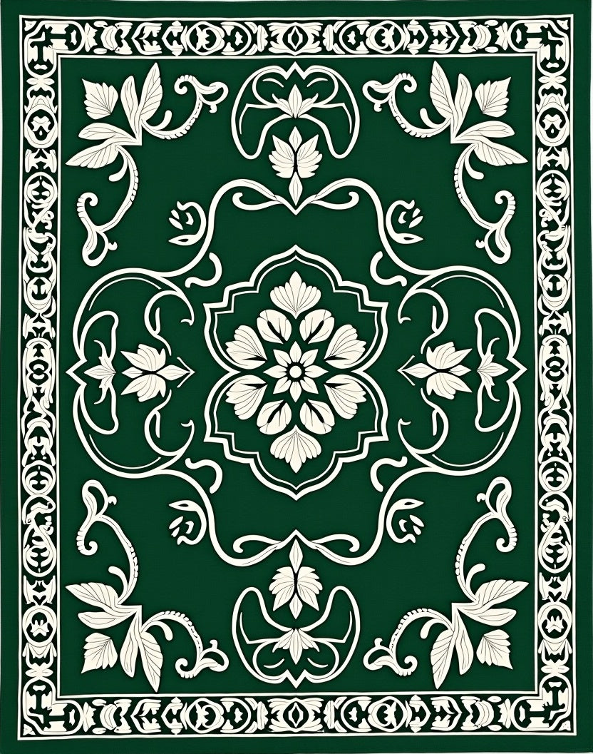 Emerald Green White Floral Medallion Border Rug