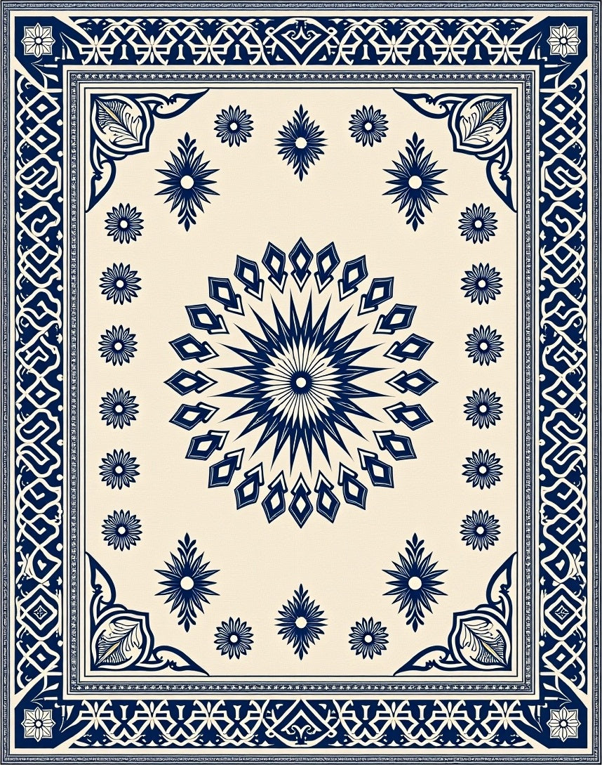 Navy Blue Geometric Medallion Floral Rug