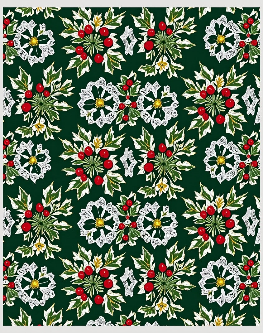 Festive Green Holly Berry Floral Medallion Rug