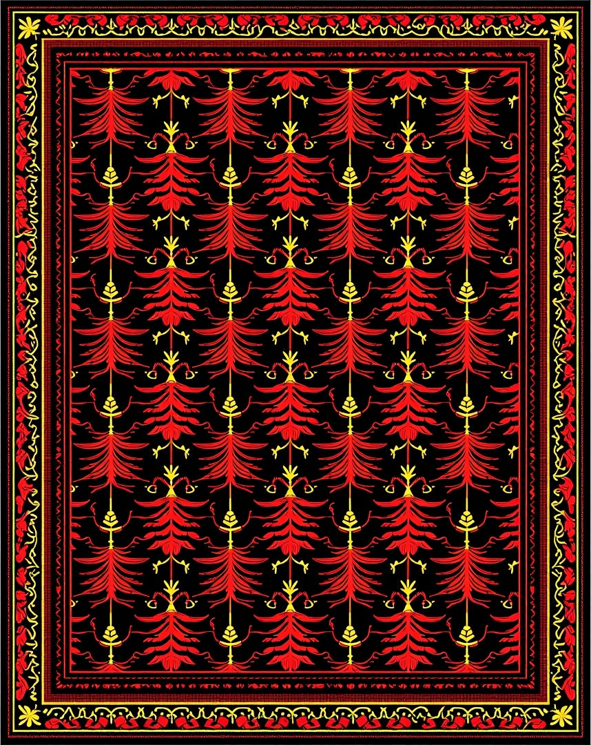 Red Yellow Folk Tree Repeat Rug