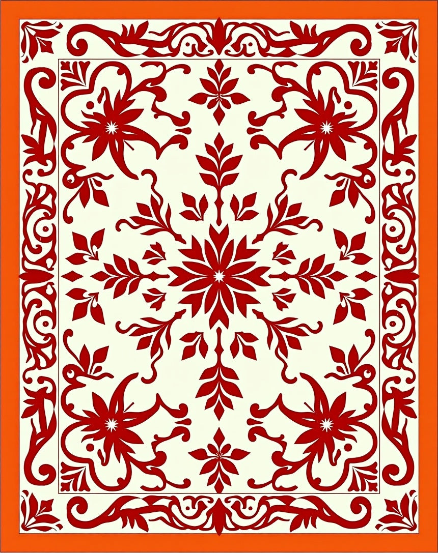 Crimson Floral Medallion Ivory Border Rug