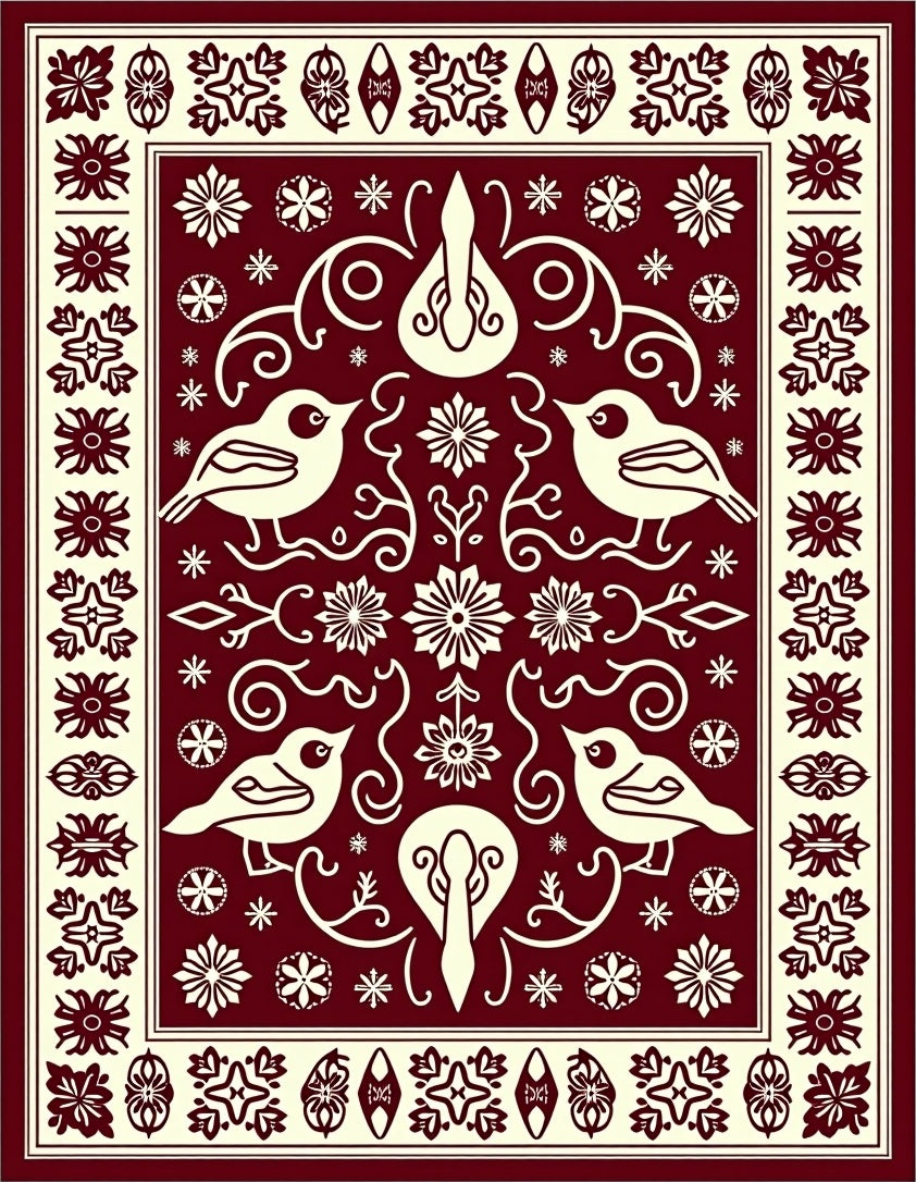 Red Cream Bird Floral Scroll Border Rug