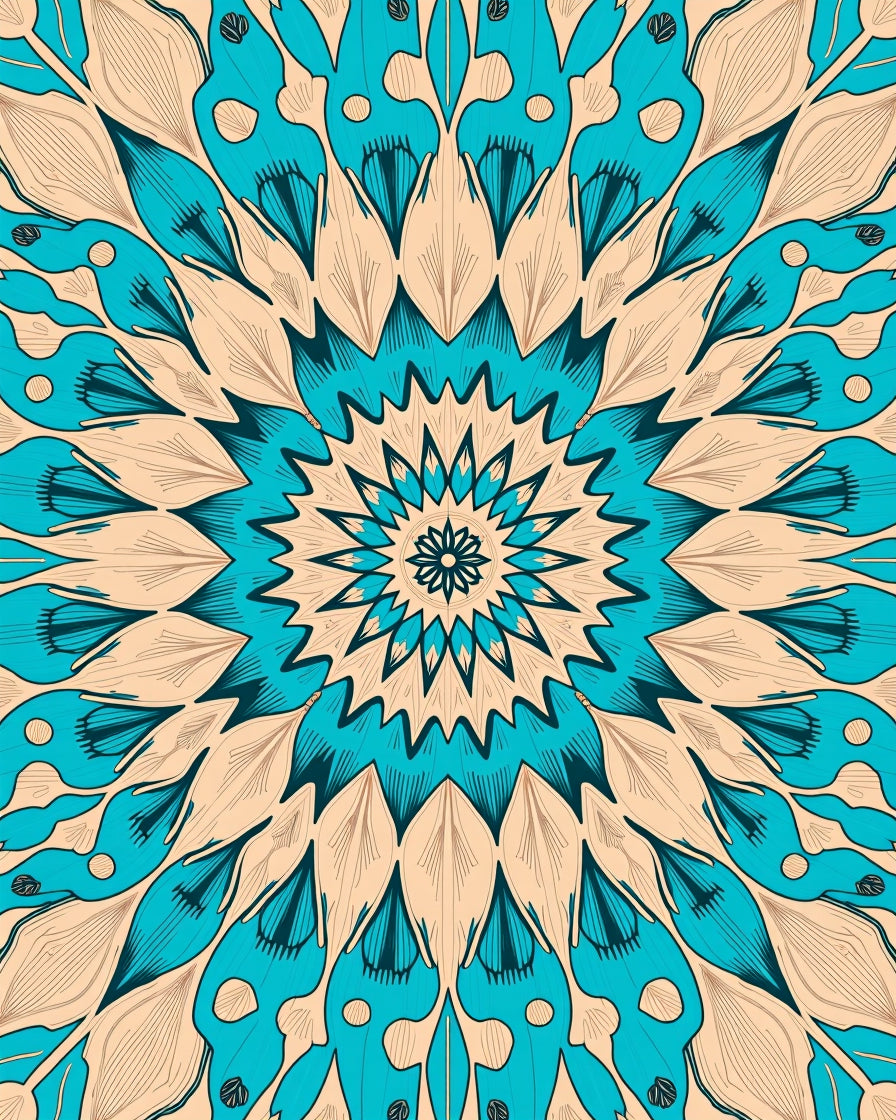 Turquoise Beige Radial Sunburst Medallion Rug