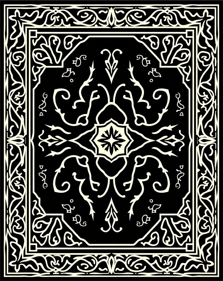 Cream Black Damask Ornamental Rug