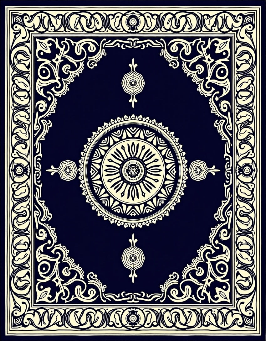 Deep Navy Cream Medallion Border Rug