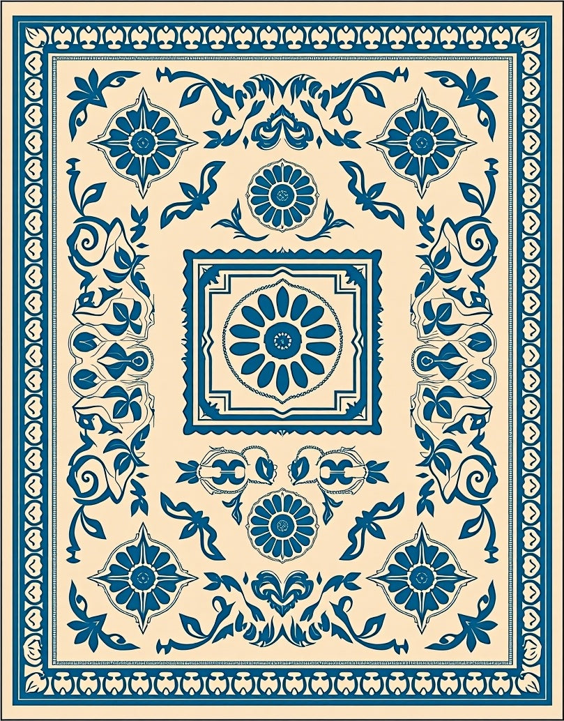 Teal Botanical Medallion Cream Rug