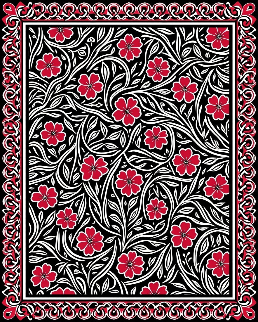 Black Crimson Floral Vine Border Rug