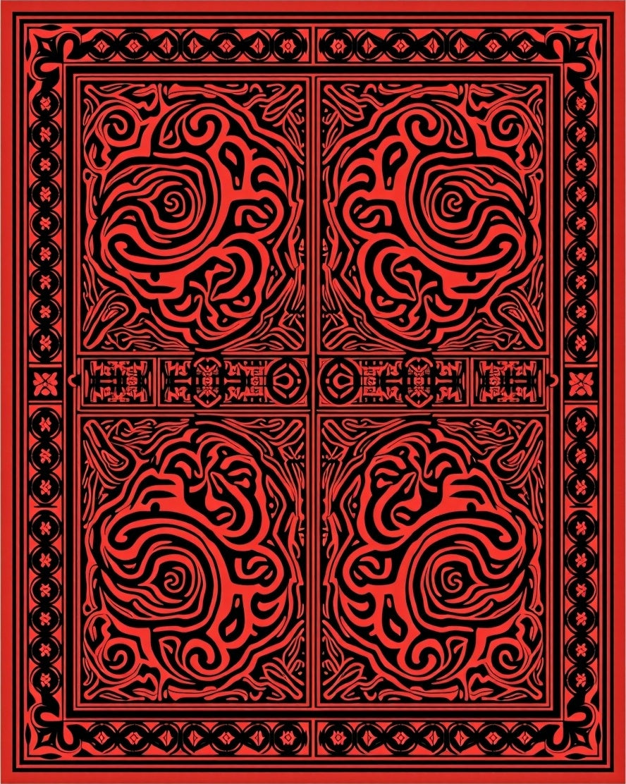 Crimson Black Ornate Scrollwork Panels Rug