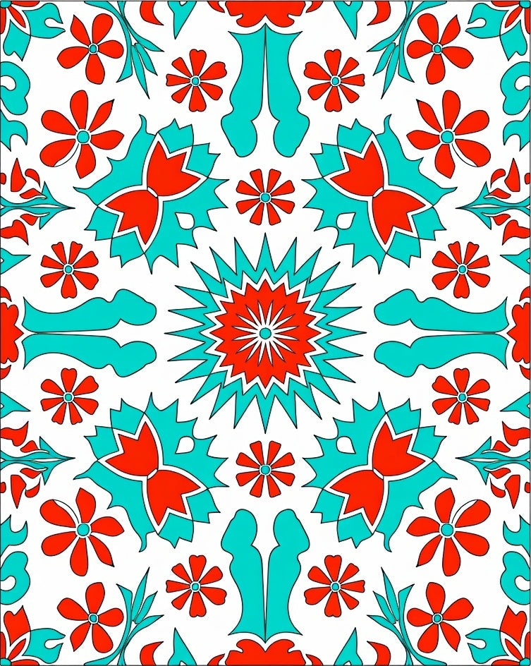 Vibrant Red Teal Floral Starburst Rug