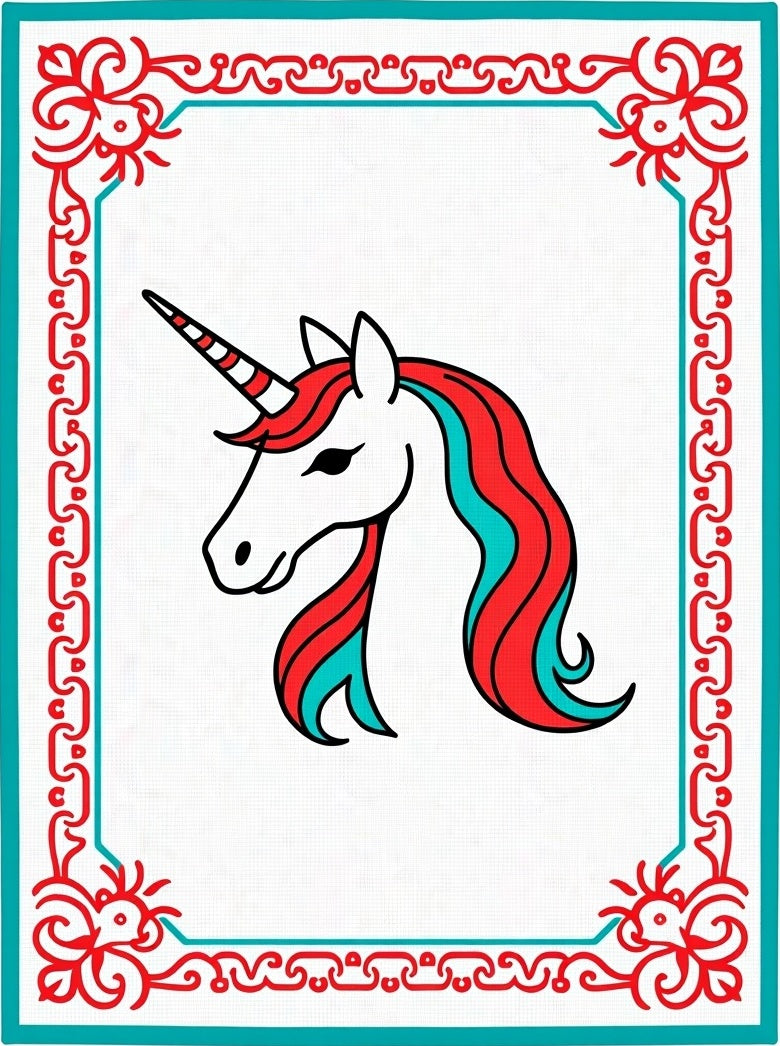 Whimsical Unicorn Red Teal Border Rug