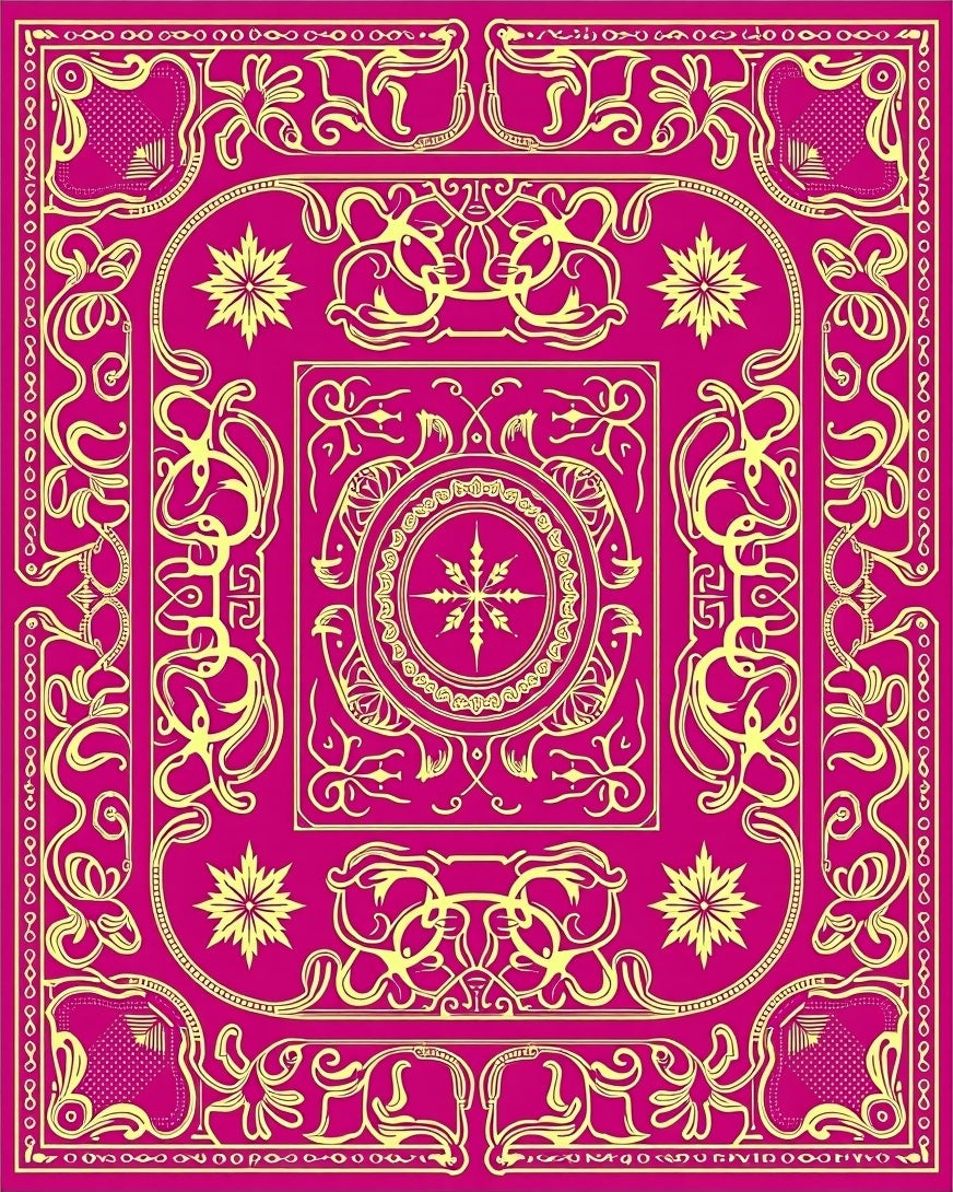 Vibrant Pink and Gold Ornate Medallion Rug